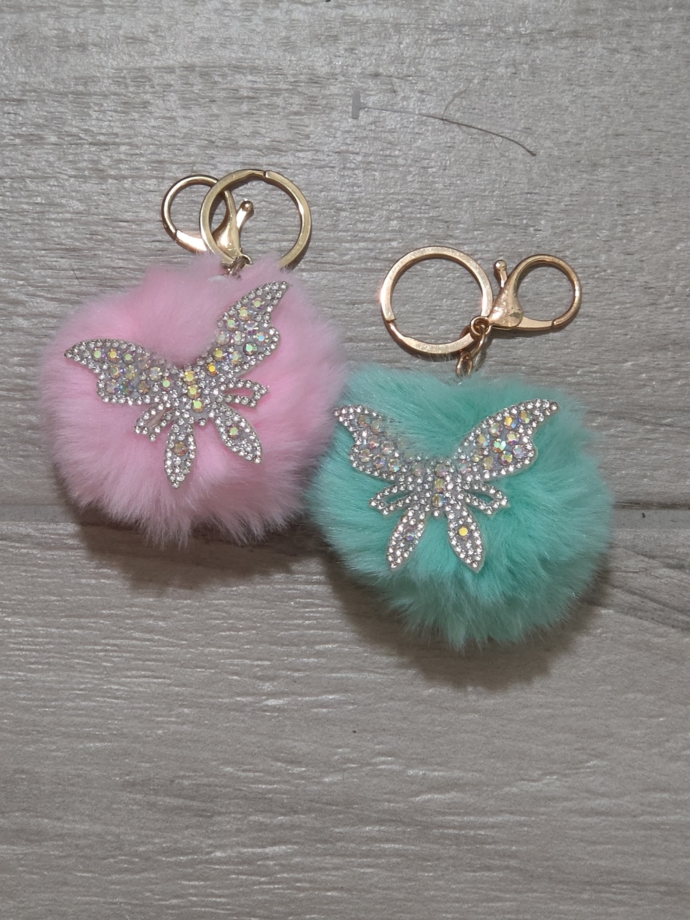 Crystal Butterfly Faux Fur Pom-Pom Key & Card Holder - Pink & Mint